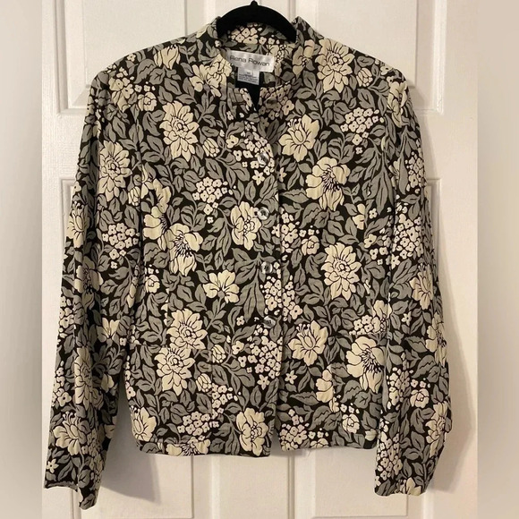 VINTAGE WOMEN'S RENA‎ ROWAN BLACK & CREAM & GRAY FLOWER BLAZER JACKET Size 10 - Picture 1 of 7